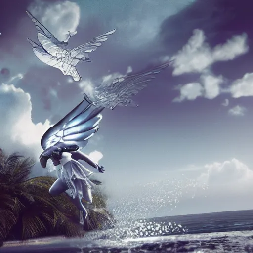 Prompt: sweet silver angels over the sea, octane render