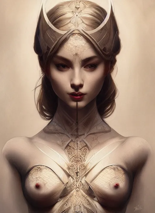 Image similar to symmetry!! pinup, machine parts embedded into face, intricate, elegant, highly detailed, digital painting, artstation, concept art, smooth, sharp focus, illustration, art by artgerm and greg rutkowski and alphonse mucha, 8 k