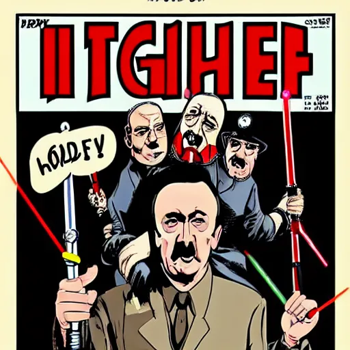 Image similar to comic book of angry jews with lightsabers and adolf hitler accurate eyes high detail