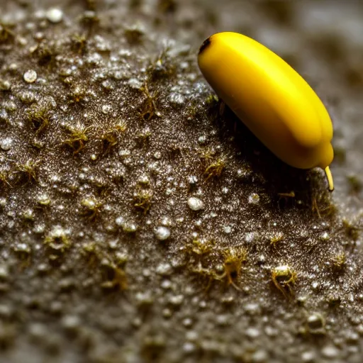 Image similar to macro shot of a dust mite eating a banana, microscope, tilt shift, realistic, photography, scientific