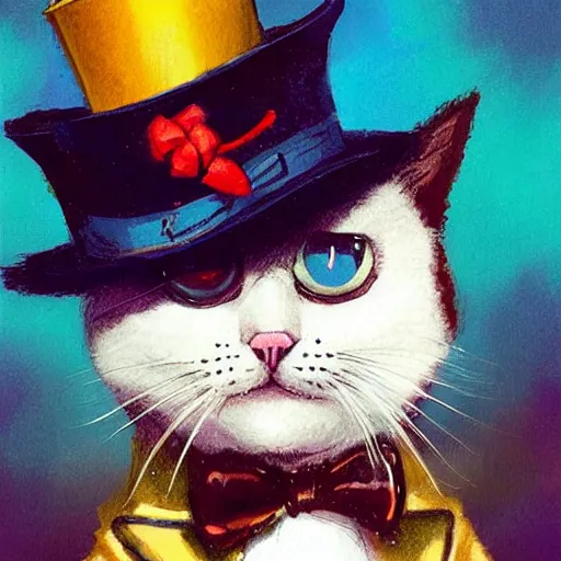 Image similar to cat with a monocle and top hat by bob ross and lisa frank and greg rutkowski