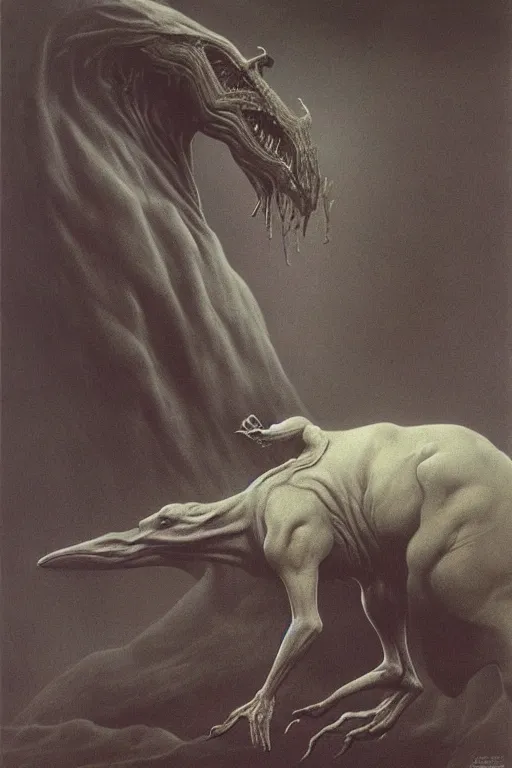 Image similar to zdzisław beksinski painting. nazgul and fellbeast