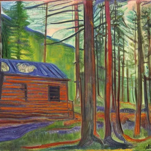 Image similar to a painting of a Eerie cabin in the middle of the woods in the Edvard Munch