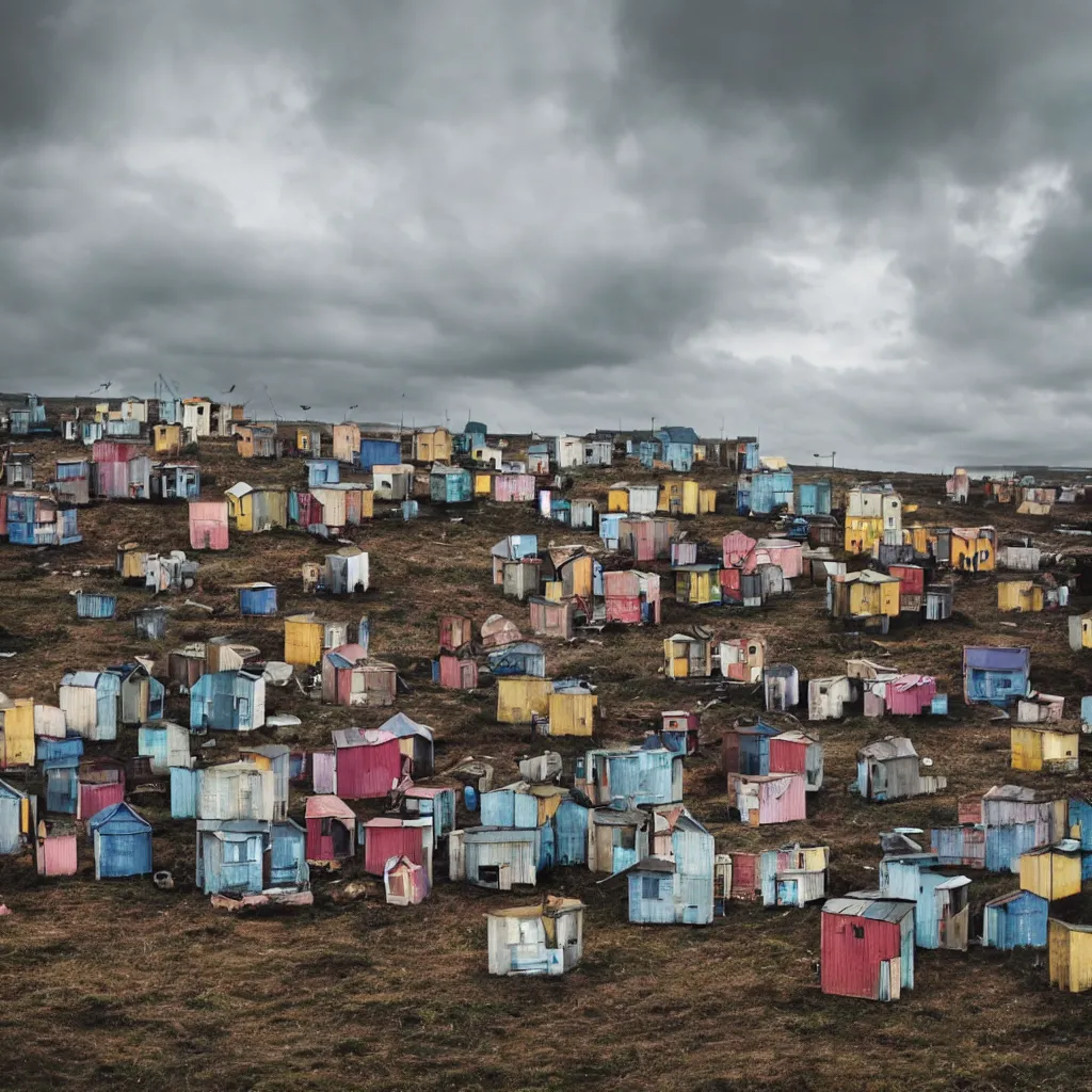 Image similar to towers made up of colourful makeshift squatter shacks, bleached colours, moody cloudy sky, dystopia, mamiya, very detailed, photographed by cristina de middel