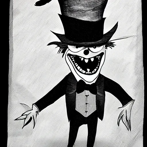 Prompt: a Pop Wonder scary horror themed goofy-hilarious-character Mad-Hatter-babadook-wearing a scarf, 3-piece-suit, dime-store-comic drawn with charcoal and pen and ink, half-tone-line-stacking