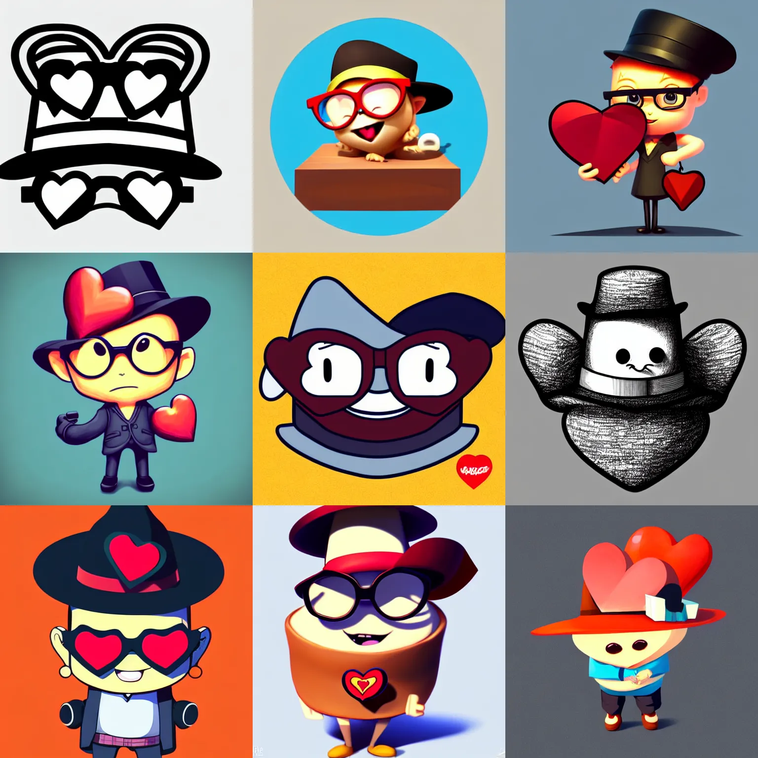 Prompt: a drawing of an adorable read heart-shaped character wearing a dark fedora hat and oversized dark round glasses, vector art by Jan Konůpek, 2d game art by Pixar, sticker by Akira Toriyama, featured on polycount, behance contest winner, mingei, sketchfab, low poly
