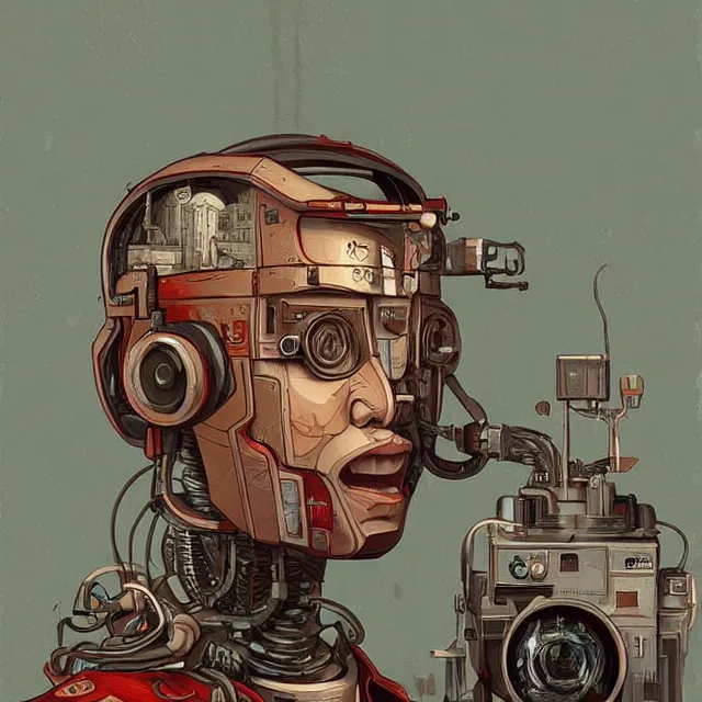 Image similar to robot artist painting a self - portrait on a canvas. intricate, highly detailed, digital matte painting, in the style of alexandros pyromallis, and in the style of sachin teng, and in the style of hans thoma, and in the style of clyde caldwell. irony, recursion, inspiration.