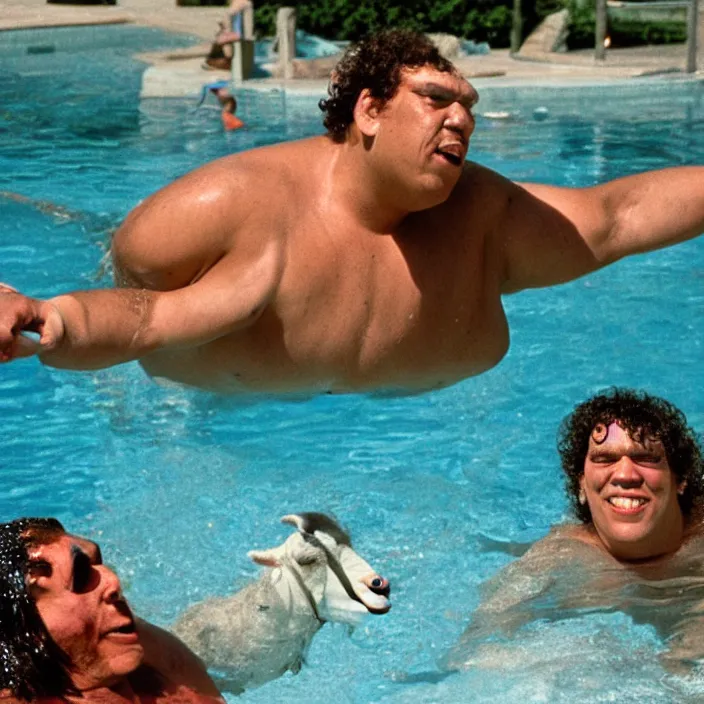 Image similar to cyborg andre the giant wearing a sequin speedo and jumping in the pool with a goat from the movie bill & ted's excellent pool party, movie still, 8 k, realistic