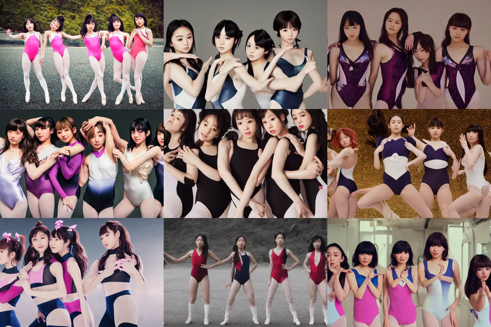 Prompt: unbelievably beautiful, perfect, dynamic, epic, cinematic 8 k hd movie shot, three beautiful cute young j - pop idols actresses in japanese girl band, posing together in leotards. motion, vfx, inspirational arthouse, high budget, hollywood style, at behance, at netflix, with instagram filters, photoshop, adobe lightroom, adobe after effects, taken with polaroid kodak portra