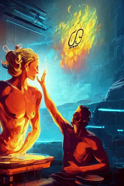 Prompt: the god prometheus handing a man a computer on fire, the fire is made of binary code, digital painting bioluminance alena aenami artworks in 4 k design by lois van baarle by sung choi by john kirby artgerm style pascal blanche and magali villeneuve