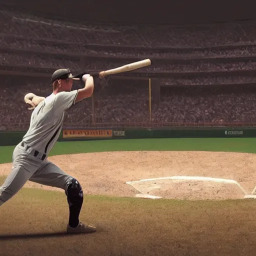 Prompt: baseball player hitting the ball with the baseball bat in the middle of the game and in front of everyone in the stadium, james gurney painting style, greg rutkowski, artstation, octane render, unreal engine 5