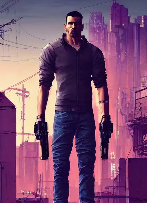 Prompt: Handsome Javier. good looking cyberpunk fitness dude. attractive face. Realistic Proportions. Concept art by James Gurney and Laurie Greasley. Moody Industrial skyline. ArtstationHQ. Creative character design for cyberpunk 2077.