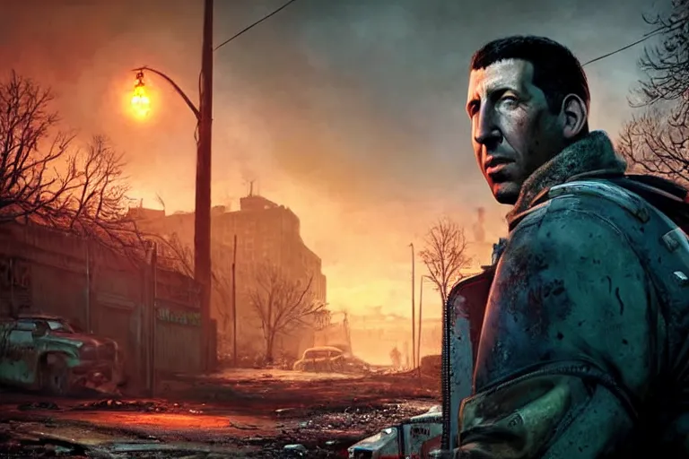 Image similar to fallout 5, adam sandler as protagonist, portrait, outdoors european cityscape, atmospheric lighting, painted, intricate, volumetric lighting, beautiful, daytime, winter, clear weather, mutated wildlife, sharp focus, deep colours, ultra detailed, art by william turner