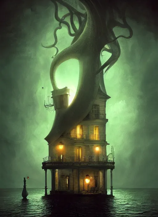 Image similar to giant squid destroying a glowing mansion in burning vapor dramatic lighting, artstation, matte painting, alexander jansson, allen williams, anton semenov