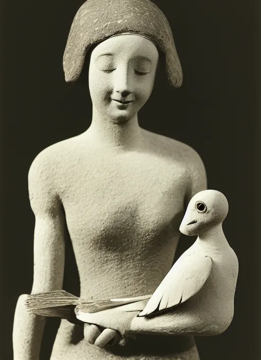 Image similar to realistic photo of a a girl with a pigeons, ancient sculpture doll made of white clay and black brushwood, greyscale grain 1 9 6 0, life magazine photo, natural colors, metropolitan museum, kodak