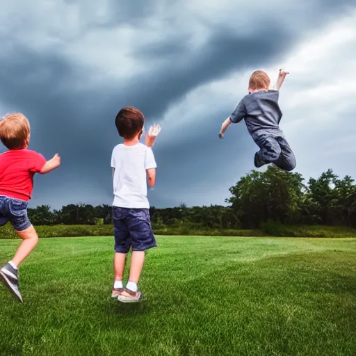 Image similar to two white dads standing by a grill in the suburbs, kid in the background jumping on a trampoline, stormy sky, 4 k,