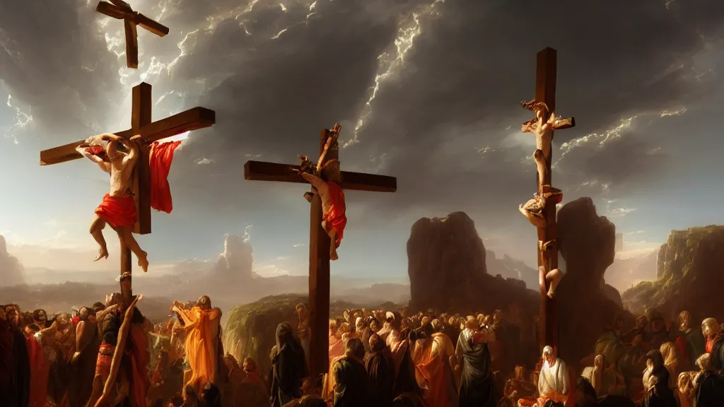 Image similar to Donald Trump nailed to a cross painted by Thomas Cole with dramatic lighting, concept art, matte painting, 8k, highly detailed, artstation