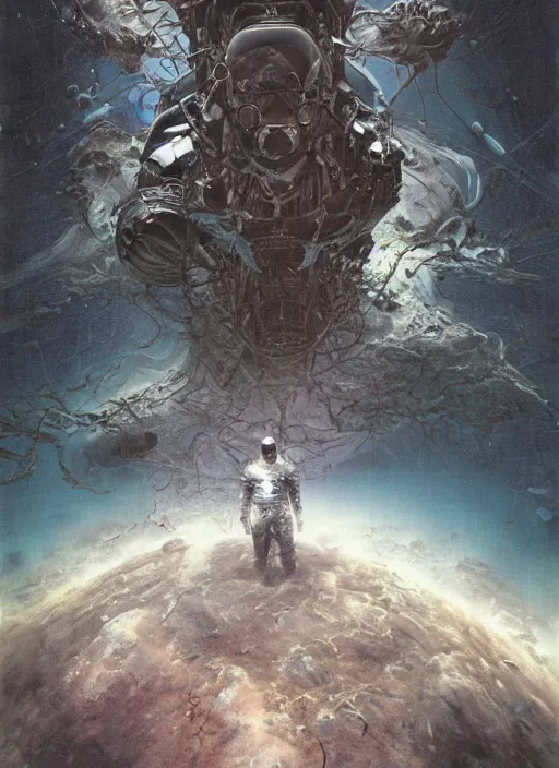 Image similar to astronauts in dark void underwater - complex and hyperdetailed technical suit. reflection and dispersion materials. rays and dispersion of light. volumetric light. f / 3 2. noise film photo. flash photography. ultra realistic, wide angle. poster by wayne barlowe, hajime sorayama aaron horkey, craig mullins