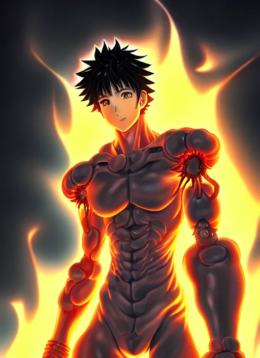 Image similar to a detailed manga full body portrait illustration of a dark haired cyborg anime man surrounded by fire by hirohiko araki, detailed artwork, realism, 4 k resolution, detailed, high quality, sharp focus, hq artwork, insane detail, volumetric lighting, character concept art, fine details, clear subject, central subject