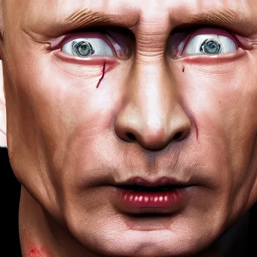 Prompt: closeup portrait of vladimir putin, worst meth transformation, worms in face, rotten flesh, drug abuse, art photography, weird, spooky photos, horror, sigma 5 0 mm, f 1. 8, insane details, hyper realistic, 8 k, full figure poster, volumetric lighting, very detailed face, 4 k, award winning