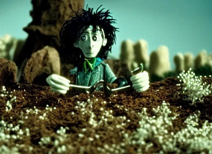 Prompt: cinematic screenshot cinestill portrait of a stop motion claymation film, edward scissorhands, in focus, shallow depth of field, 1 8 mm, f 1. 8, sharp details