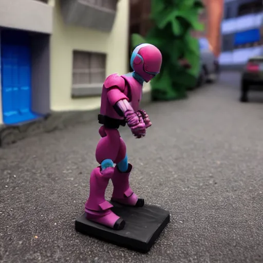 Prompt: Plasticine Robocop standing in an alley