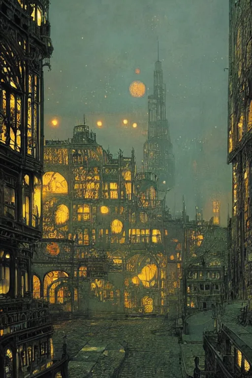 Image similar to beautiful matte steampunk landscape of pipe dreams by john atkinson grimshaw