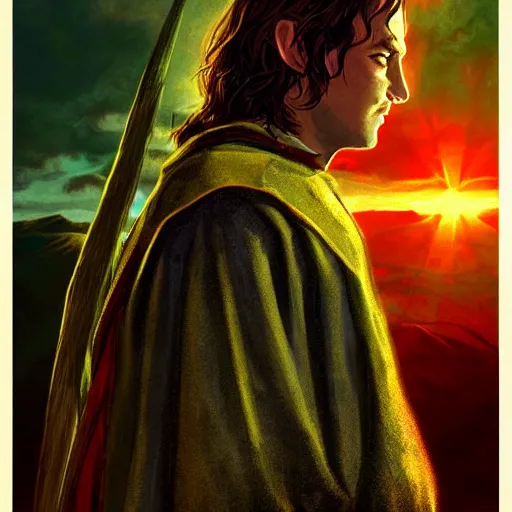 Image similar to Bright, colorful, realistic lord of the rings single individual dramatic backlighting, golden hour, kodachrome, high contrast, highly detailed, sharp focus, digital painting, concept art, illustration, trending on artstation, comic book by Alex Ross cover art