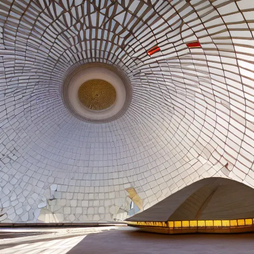 Image similar to futuristic pyramid lotus temple space station with gold, red and white marble panels, by buckminster fuller and syd mead, intricate contemporary architecture, photo journalism, photography, cinematic, national geographic photoshoot