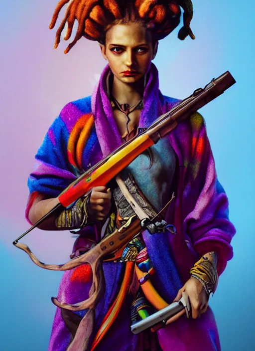 Prompt: an anthropomorphic beautiful goddess female wizard portrait holding rifle wearing colourful robe, colourful dreadlock breed hair, fine art, award winning, intricate, elegant, sharp focus, octane render, hyperrealistic, cinematic lighting, highly detailed, digital painting, 8 k concept art, art by jamie hewlett masterpiece, trending on artstation, 8 k