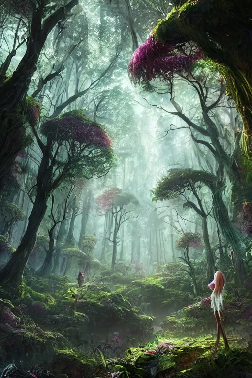 Image similar to beautiful fairy City inside a ancient forrest, gnarly trees with gigantic roots and flowers , dynamic lighting, volumetric, bokeh, cinematic, establishing shot, extremly high detail, photo realistic, cinematic lighting, post processed, concept art, artstation, matte painting, style by eddie mendoza, raphael lacoste, alex ross