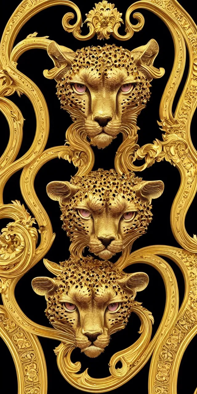 Prompt: beautiful portrait of a large ornate and intricate rococo cheetah face, symmetric, carved marble with gold accents, 3 d, photorealistic, front facing, centered, hyper detailed, gold plated on black background, wallpaper, detailed and intricate emblem, baroque medallion,