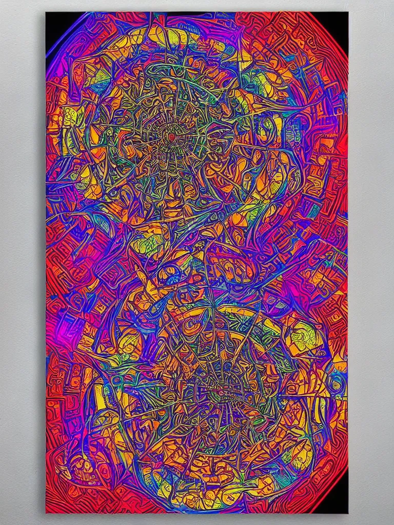 Image similar to a Symmetrical geometric photo realistic psychedelic mandala made from cybernetic structures With astrological details, brightly colored with a central focus , intricate lines and very detailed patterns made of metallic structures morphing into infinity , by Dan Mumford rock poster styling 3d