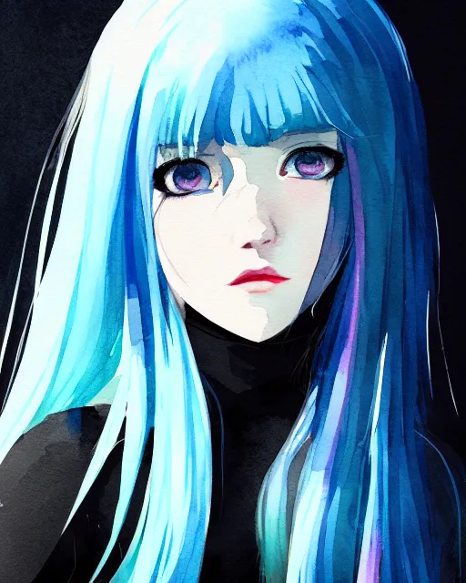 Image similar to watercolor painting of a pretty girl with Blue hair, wearing a Black dress, night city Background. In the style of ilya kuvshinov, dramatic lighting, fantasy, intricate, elegant, highly detailed, lifelike, photorealistic, digital painting, bokeh, HDR, high resolution, artstation, concept art, smooth, sharp focus, art by Krenz Cushart and Albert Aublet