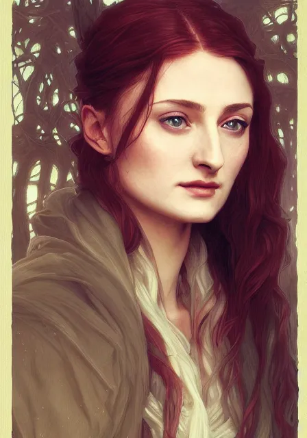 Image similar to portrait of sansa stark in foggy forest, autumn, november, intricate, elegant, highly detailed, digital painting, artstation, concept art, smooth, sharp focus, illustration, art by artgerm and greg rutkowski and alphonse mucha and william - adolphe bouguereau