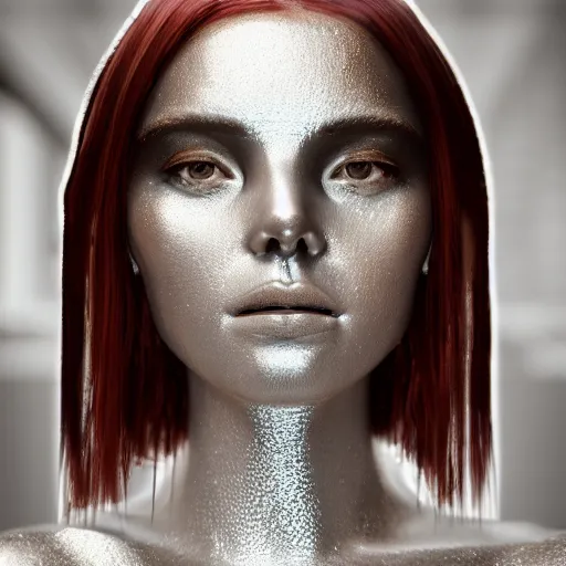 Image similar to beautiful girl in a dress made of metal foil, beautiful portrait, symmetrical, character concept style trending on artstation concept art detailed octane render cinematic photo - realistic 8 k high detailed