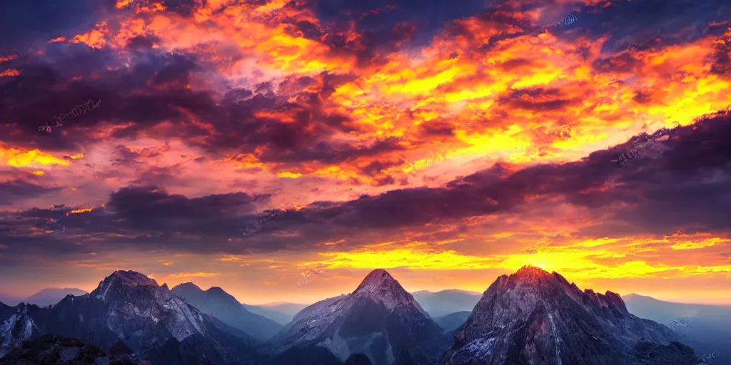 Prompt: beautiful mountain landscape celestial sunset, photorealistic, 8k, high detail, high definition,