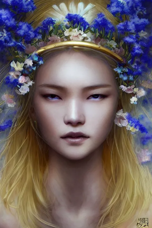 Image similar to a pale Ute Japanese girl with white hair, floral crown, sad blue eyes, cinematic lighting, ultra detailed, highly detailed, sharp focus, golden background with flowers, golden jewellery with blue sapphires, photographic, art by artgerm and greg rutkowski and zdislav beksinski