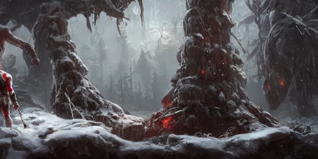 Image similar to an environmental concept art of god of war, a giant cyclops wields a tree, winter, highly detailed, environmental light, cinematic by francis tneh