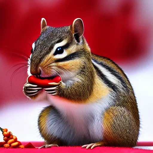 Image similar to a high quality photo of a chipmunk wearing a red suit and eating, render, ultra realistic, cgsociety