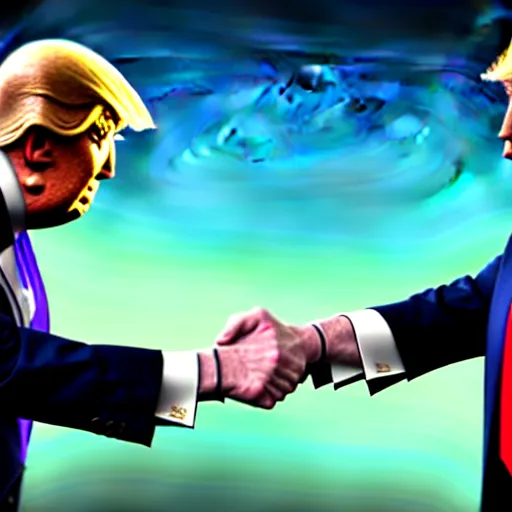 Image similar to joe biden handshakes donald trump ultra realistic, lens flare, atmosphere, glow, detailed, intricate, full of colour, cinematic lighting, trending on artstation, 4 k, hyperrealistic, focused, extreme details, unreal engine 5, cinematic, masterpiece, ultra realistic, hyper realistic, highly detailed, sharp focus, digital art