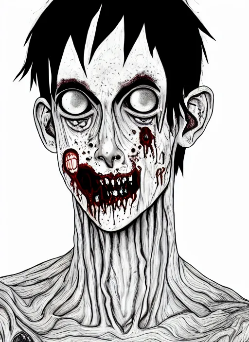 Image similar to junji ito style portrait of zombie teenage jughead jones wearing a light grey crown, photorealistic, zombie, crown, rotting skin, blind eyes, white eyes, crown, black hair, intricate, highly detailed, illustration, art by junji ito