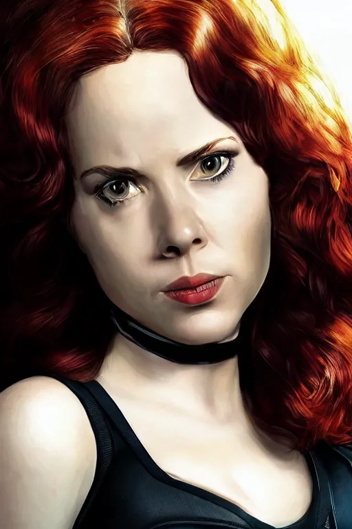 Image similar to annie edison from community as black widow in the avengers, portrait realistic photograph, very detailed face