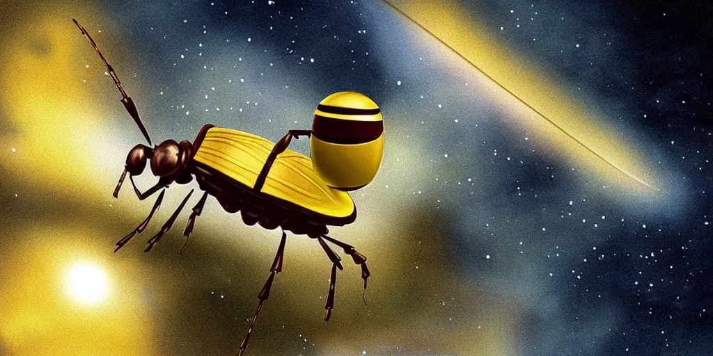 Image similar to lightning bug descendant 1 million in the future is a quadruped with big eyes. the bug wears a spacesuit, and explores the cosmos in a bug - shaped spaceship. science fiction blockbuster movie bugs save the planet or the love bug from saturn, up ( film, 2 0 0 9 )