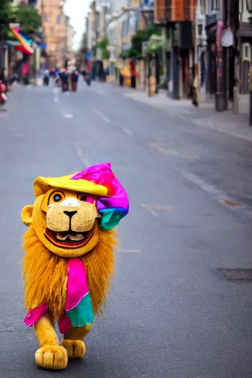 Prompt: An anthro anthropomorphic lion wearing a brightly coloured hat and silk scarf, proudly walking down the street, happy, joyful, in the style of Arthur Thiele