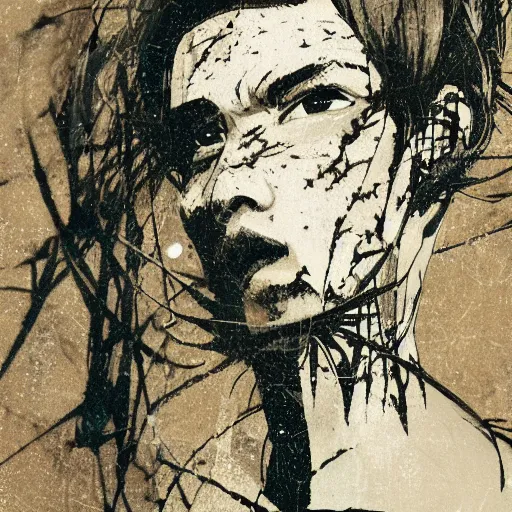 Image similar to Yoshitaka Amano blurred and dreamy illustration of a man with black short hair fluttering in the wind and cracks on his face, abstract black and white patterns on the background, noisy film grain effect, highly detailed, Renaissance oil painting, weird portrait angle