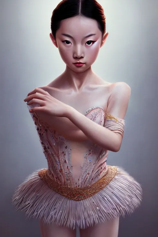 Image similar to hyperrealistic photography of a highly detailed and symmetrical gorgeous asian female ballerina in the style of vargas and wlop, highly detailed, face symmetry, highly realistic hands, masterpiece, award - winning, sharp focus, intricate concept art, ambient lighting, 8 k, artstation