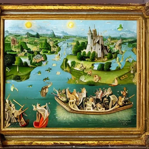 Image similar to An intricate, extremely detailed painting in a style of Hieronim Bosch featuring a river in Europe, surrounded by trees and fields. A dinghy is slowly moving through the water. Sun is shining.