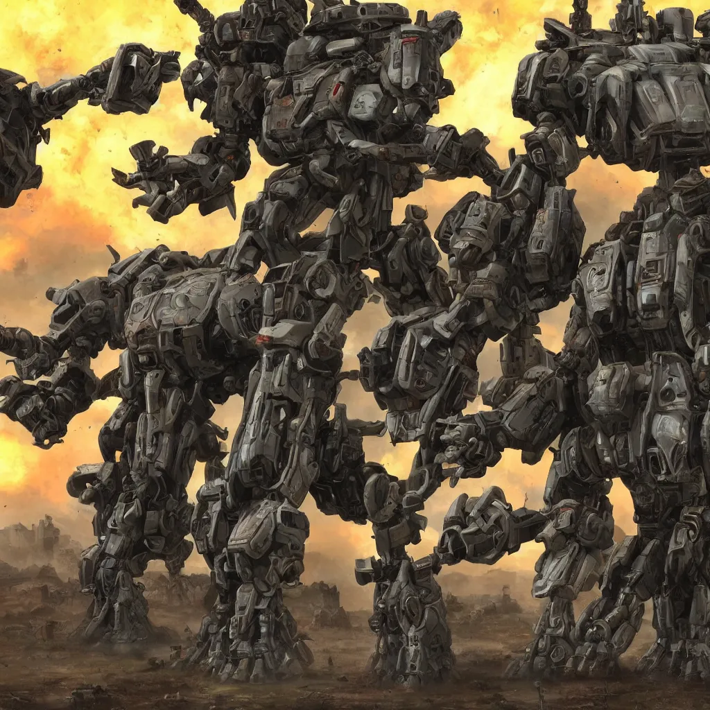 Image similar to war mechs fighting, mech battle, desolate gloomy planet, science fiction