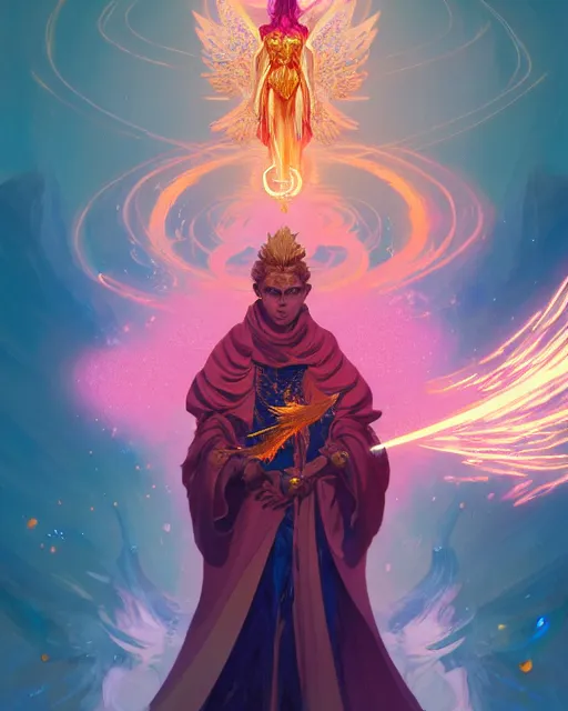 Image similar to a character portrait of only one male angel of justice with golden fiery wings, surrounded with spiriling sparkling rose crystals, by peter mohrbacher, hyper light drifter, by ilya kuvshinov katsuhiro, jim burns, wadim kashin, greg rutkowski, trending on artstation